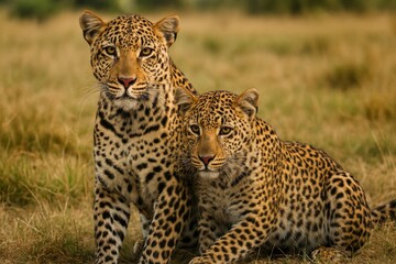 Fototapeta premium Leopards resting in grassland