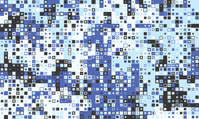 Abstract digital art featuring a dynamic mosaic of blue, white, and black squares.  Perfect for tech, data visualization, or modern design projects.