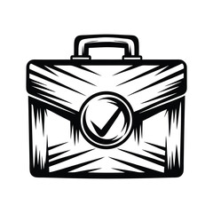 Outline Briefcase With Check Mark Symbol, Black and White Icon, Business Concept Isolated