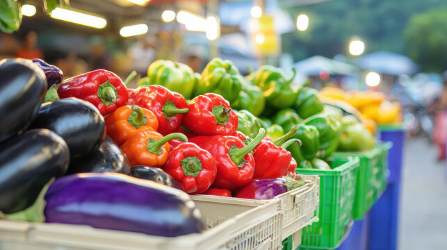 Fresh colorful vegetables at market, featuring red, green, and orange bell peppers alongside eggplants, creating vibrant display