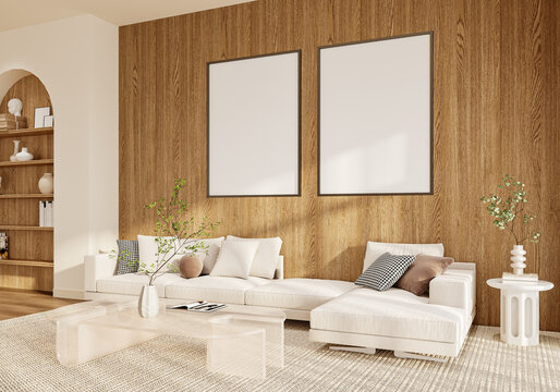Double Vertical Frame Mockup on Wooden Wall Above Sofa