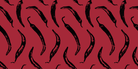Vector seamless hand drawn chili pepper pattern. Spicy print for fabric, food packaging, kitchen textiles, and branding. Handmade style with textured brush effect.