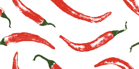 Vector seamless hand drawn chili pepper pattern. Spicy print for fabric, food packaging, kitchen textiles, and branding. Handmade style with textured brush effect.