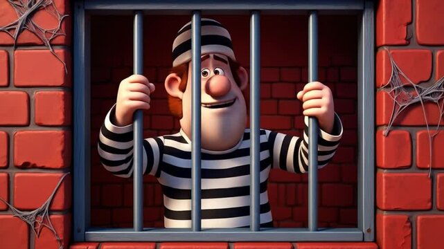 A 3D cartoon prisoner with a slight smirk looks through the bars of a prison cell window, set against a red brick wall with subtle cobwebs, conveying a lighthearted take on incarceration.