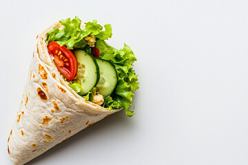 Fresh vegetarian wrap with hummus, lettuce, tomato, cucumber, and tortilla &mdash; healthy plant-based snack or lunch on white background, perfect for clean eating and food branding concepts.