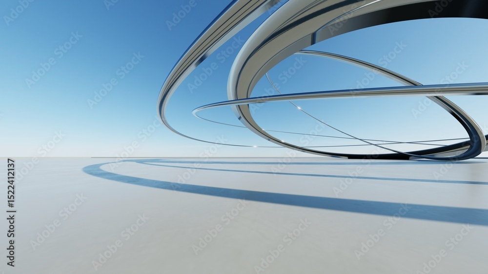 Aufkleber 3d illustration of abstract wavy architecture background, Minimal curved geometry architectural design, Car presentation backdrop with empty concrete floor, Flowing geometric metal building design