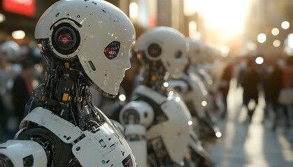 Fototapeta premium Detailed close-up view of futuristic robots.