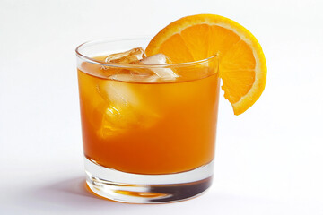 Refreshing glass of iced orange juice with orange slice garnish on white background &mdash; summer drink, healthy beverage, vitamin C boost, perfect for breakfast, brunch, or cafe menu.