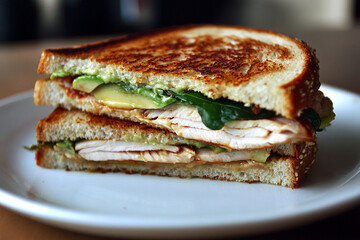 Grilled turkey and avocado sandwich with layers of juicy turkey breast, creamy avocado, crisp greens, and toasted artisan bread 