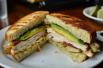 Fresh turkey and avocado sandwich with crispy toasted bread, layers of sliced turkey breast, creamy avocado, and bacon &mdash; delicious homemade lunch concept on white plate, close-up food photography.