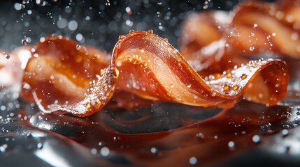 Crispy Bacon Sizzle Juicy Strips with Water Droplets Close up Photography