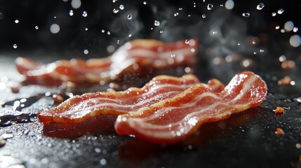 Crispy Cooked Bacon Slices with Water Droplets on Dark Background