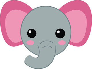 Adorable Cartoon Elephant Head Pink Ears, Big Eyes, Cute Illustration
