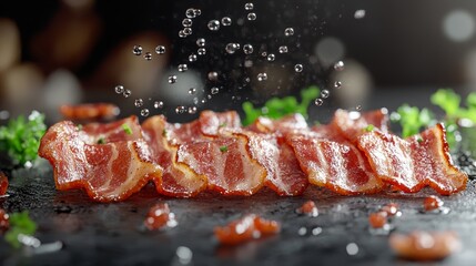 Crispy Cooked Bacon Slices with Water Droplets Close Up Food Photography