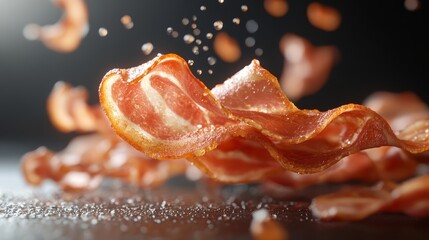 Crispy Delicious Bacon Strips Falling Food Photography Closeup Shot