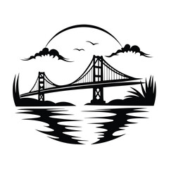 Minimalist Black and White Bridge Over Water with Sky, Birds, Clouds, and Nature