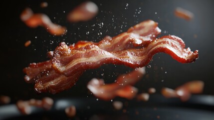 Crispy Delicious Bacon Strips Flying in Air Food Photography