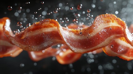 Crispy Bacon Strips Sizzling in Water Close Up Food Photography
