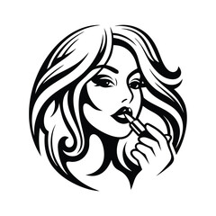Abstract Woman with Lipstick Minimalist Black and White Portrait with Flowing Hair