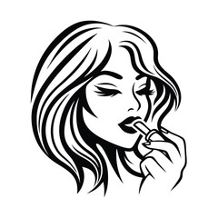 Elegant Woman Applies Lipstick, Black and White Silhouette Style, Glamour, Cosmetics