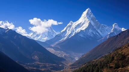Majestic view of the snow-capped peak of Machapuchare in the Himalayas on a clear morning