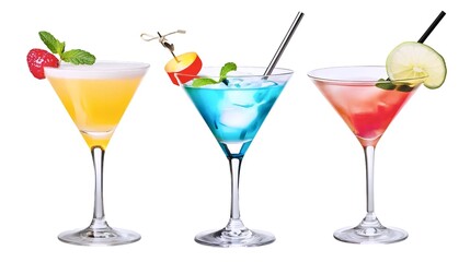 Three colorful cocktails in martini glasses