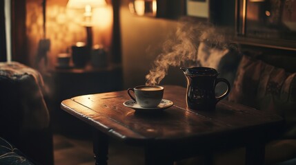 Warm cups of coffee on a wooden table with sunlight highlighting steam in a cozy setting during morning hours