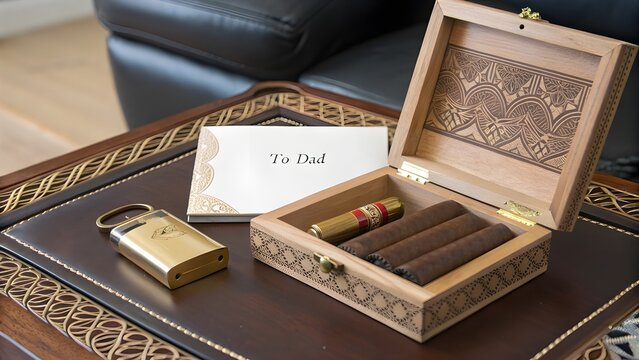 A heartfelt Father s Day gift with cigars a personalized To Dad card and lighter offering warmth in softly lit scene