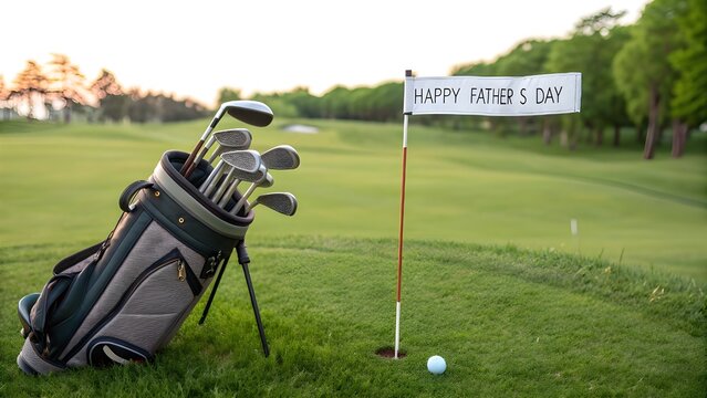 A heartfelt Father s Day tribute on the green celebrating Dad s passion for golf with a serene sunrise backdrop and soft