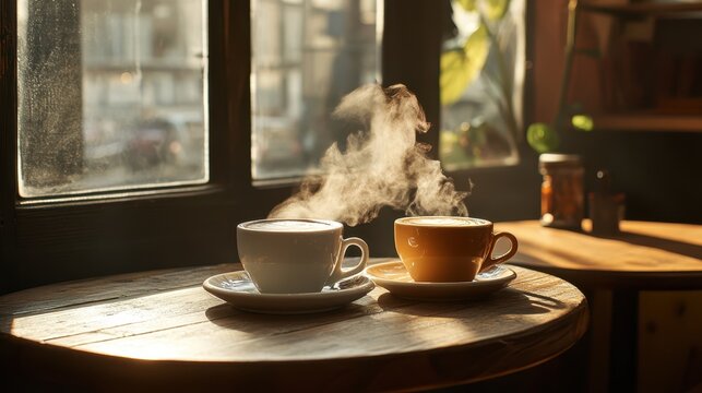 Warm cups of coffee on a wooden table with sunlight highlighting steam in a cozy setting during morning hours