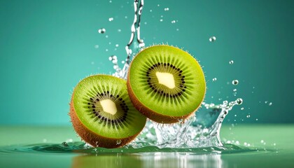 kiwi slice with water splash at photo studio