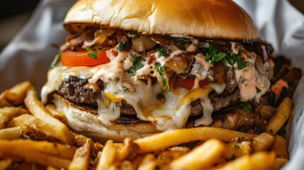 Juicy cheeseburger piled high with bacon and creamy peanut butter served with crispy fries