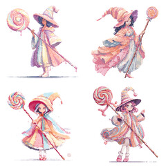 Fototapeta premium Charming candy witches holding giant lollipops, dressed in flowing pastel robes. Perfect for fantasy, magical girl themes, and cute storytelling visuals.