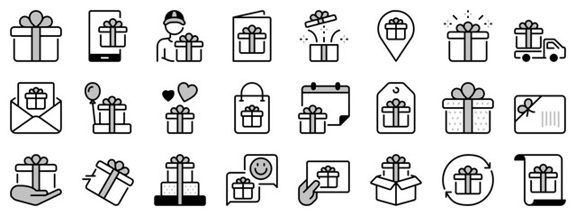 Icons in two tones about gift. Shopping concept.