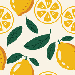 Seamless Lemon Pattern with Leaves. Perfect for summer-themed packaging, textiles, and digital backgrounds.