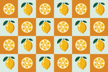 Yellow Lemon and Slice Seamless Pattern in Retro Blocks. Bright seamless checkerboard lemon pattern with citrus slices. Perfect for summer packaging, fabric prints, and digital backgrounds.