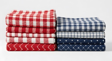 Fototapeta premium Stack of Red and Blue Gingham and Patterned Kitchen Towels