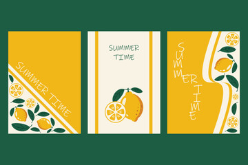 Summer Time Lemon Poster Set with Fresh Design. Minimal lemon-themed summer poster design in yellow and green. Perfect for seasonal flyers, greeting cards, or product packaging.