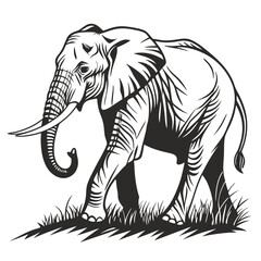 Majestic Elephant Silhouette Walking Through Grass, Wildlife Art, Black and White Design