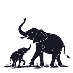 Elephant and Baby Elephant Silhouette on Grassy Plain, Minimalist Wildlife Art