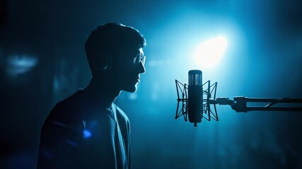 A radio host in silhouette, speaking into a microphone. podcast concept, cinematic 4k - Powered by Adobe