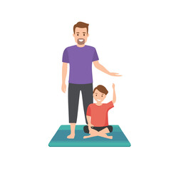 Father and son doing yoga together on mat