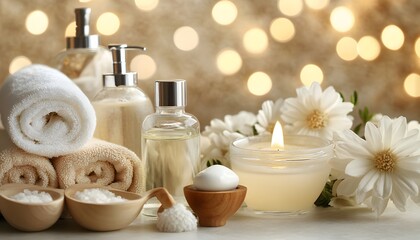Spa items arranged on a light surface with soft lighting.