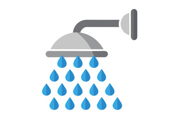 Cartoon Shower Head with Falling Blue Water Droplets Illustration on White Background for Bathrooms