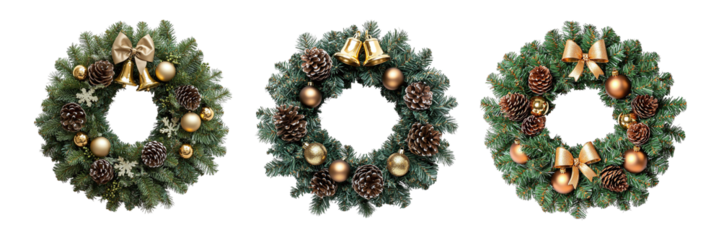 Set of beautiful Christmas wreaths isolated on transparent background PNG