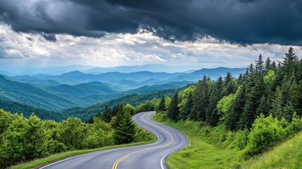 Naklejka premium Majestic mountains and lush forests create a serene landscape during late afternoon light