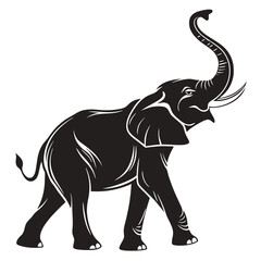 Elephant Silhouette with Trunk Raised, Detailed Animal on White Background