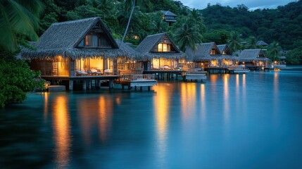 Fototapeta premium Charming coastal villas illuminated at night by the tranquil sea in a tropical paradise