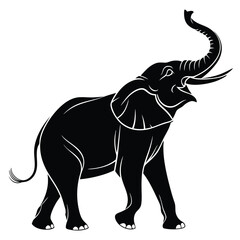 Black Elephant Silhouette, Trunk Raised, Side View, Isolated on White, Walking Gesture