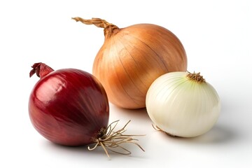 Three Different Onions on White Background &ndash; Photo-Realistic Front View